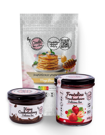 KONFITURA TRUSKAWKOWA, MIESZANKA JAPOŃSKIE PUNCAKES, KREM CZEKOLADOWY