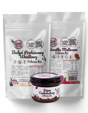 BUDYŃ PROTEINOWY WANILIOWY, GALARETKA MALINOWA, KREM CZEKOLADOWY