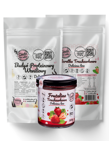 BUDYŃ PROTEINOWY WANILIOWY, KONFITURA TRUSKAWKOWA, GALARETKA TRUSKAWKOWA