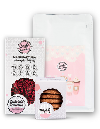 CZEKOLADA DESEROWA Z MALINAMI, KAWA PINK BLEND- 250G, CIACHO MIGDAŁOWE