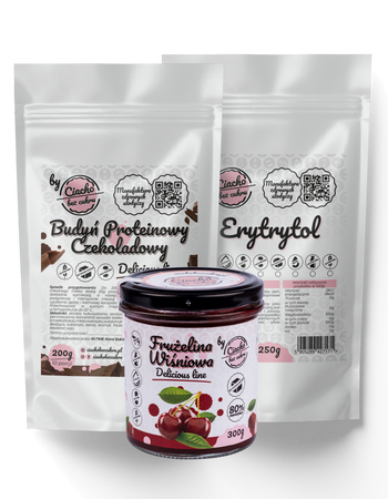 BUDYŃ PROTEINOWY CZEKOLADOWY, KONFITURA WIŚNIOWA,  ERYTRYTOL