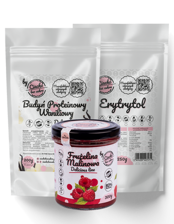 BUDYŃ PROTEINOWY WANILIOWY, KONFITURA MALINOWA, ERYTRYTOL